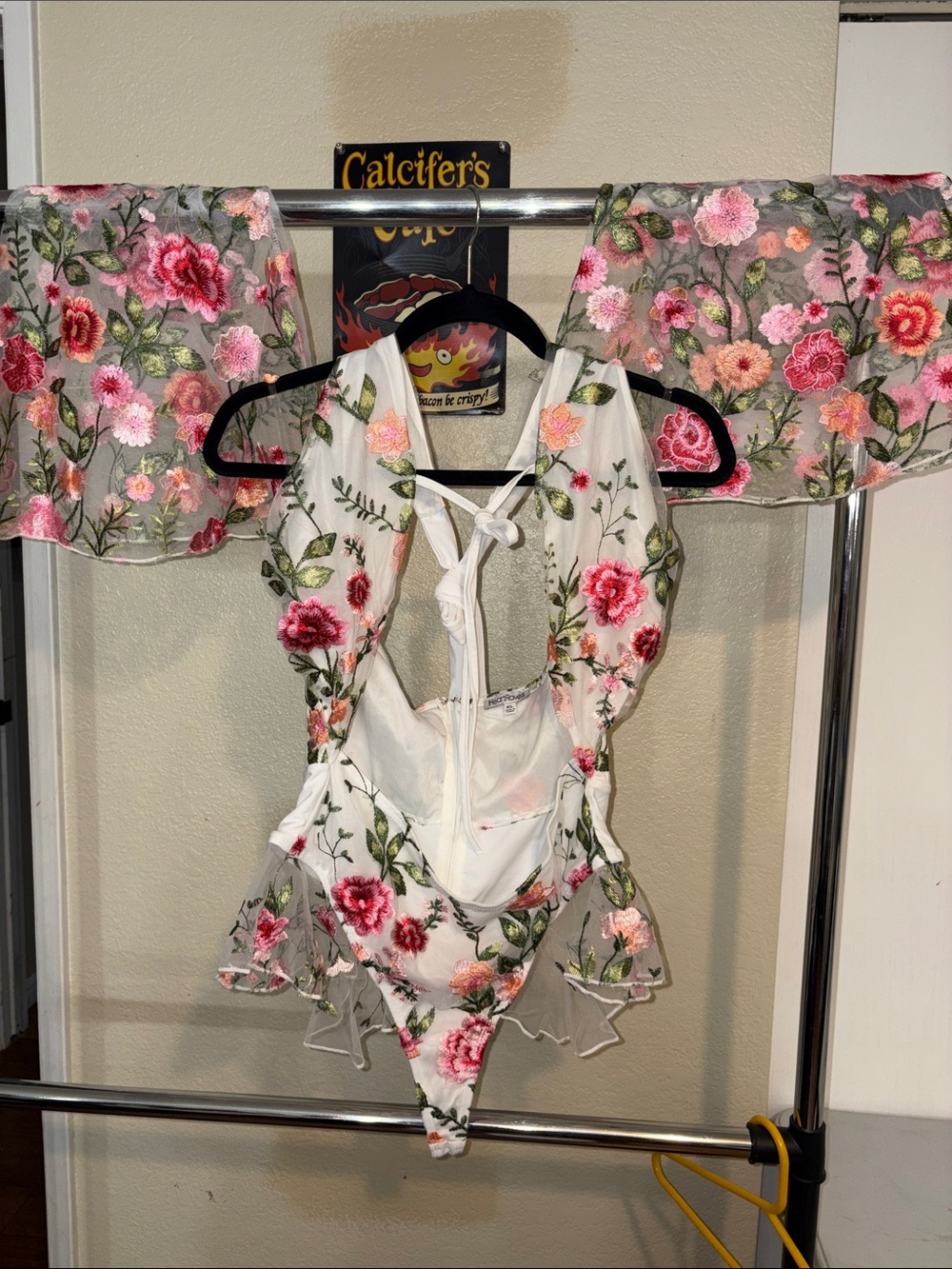 #169 XL new iHeartRaves White Sheer Floral Embroidered One-Piece Bodysuit
